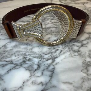 Vintage Y2K 90s Chico's Belt Womens M/L Brown Metal Hammered Buckle Leather